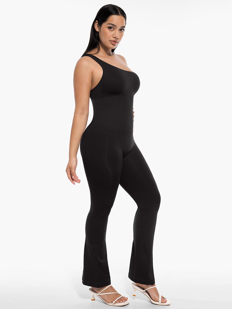 Sloped-Shoulder Flared-Leg Shaping Jumpsuit - FirmaSculpt