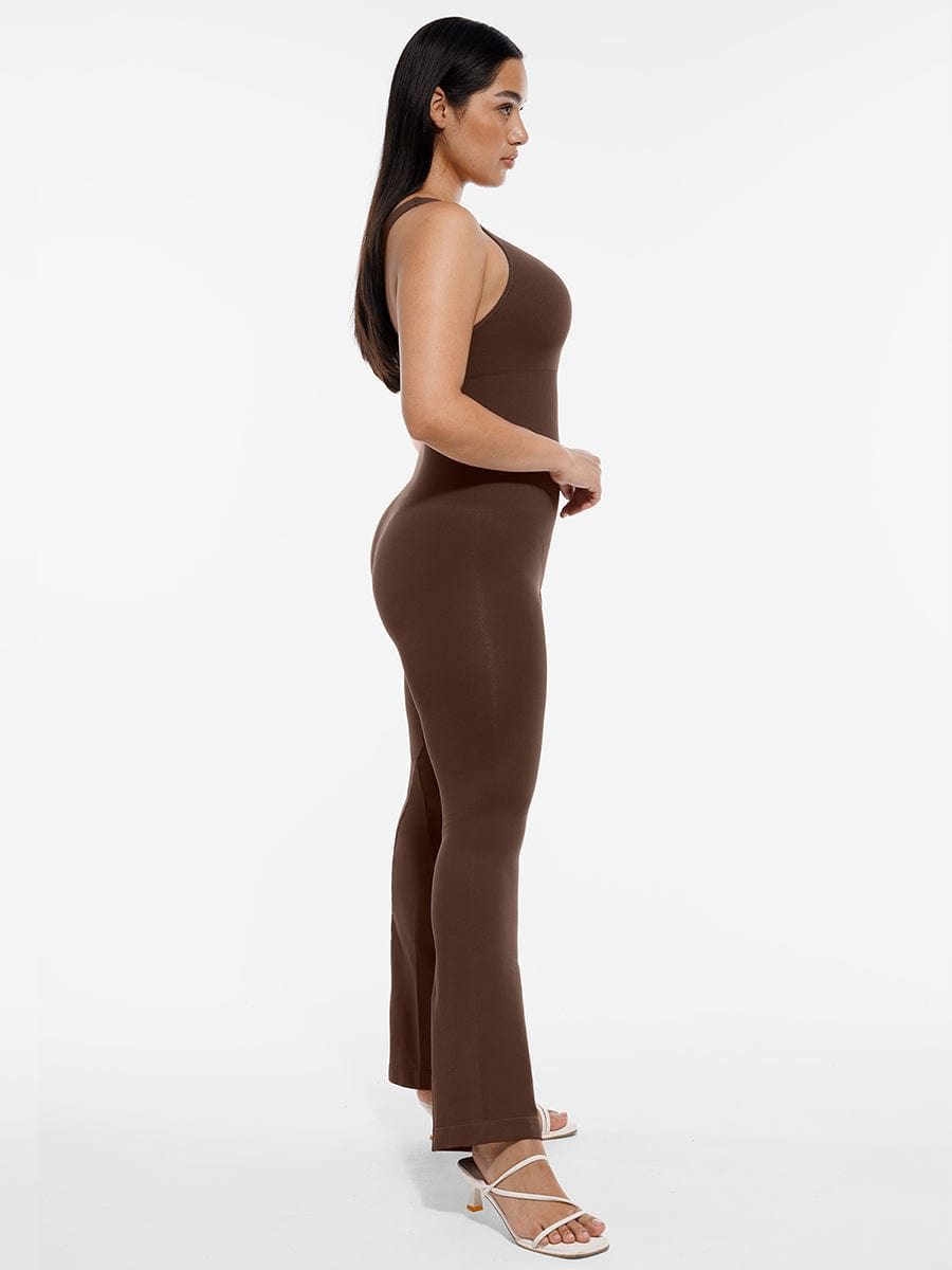 Sloped-Shoulder Flared-Leg Shaping Jumpsuit - FirmaSculpt
