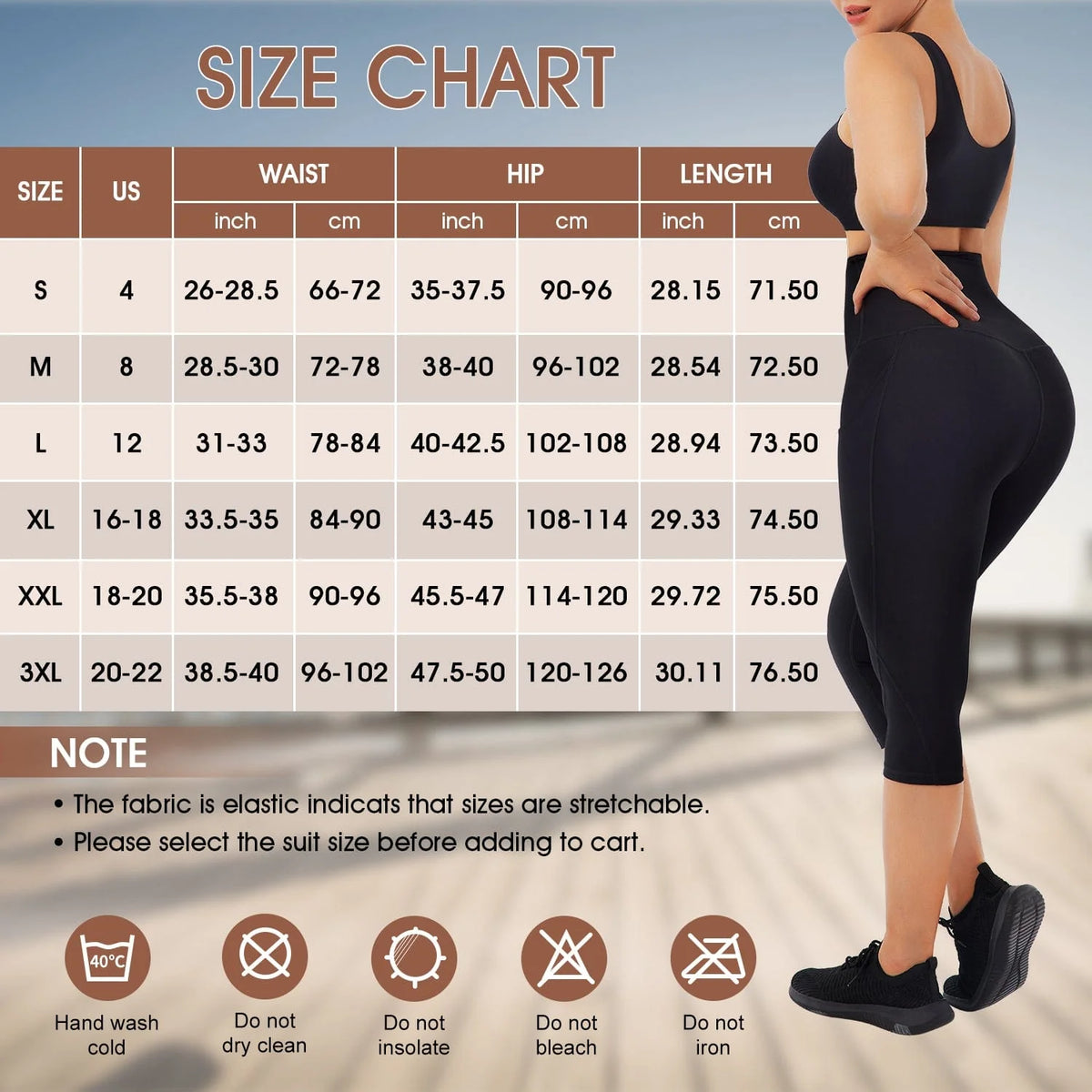 Mid-Rise Cropped Tummy Control Trousers with Pockets - FirmaControl size chart