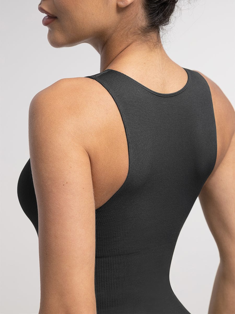 Seamless Ribbed Zip Front Sleeveless Shaping Bodysuit - FirmaActive