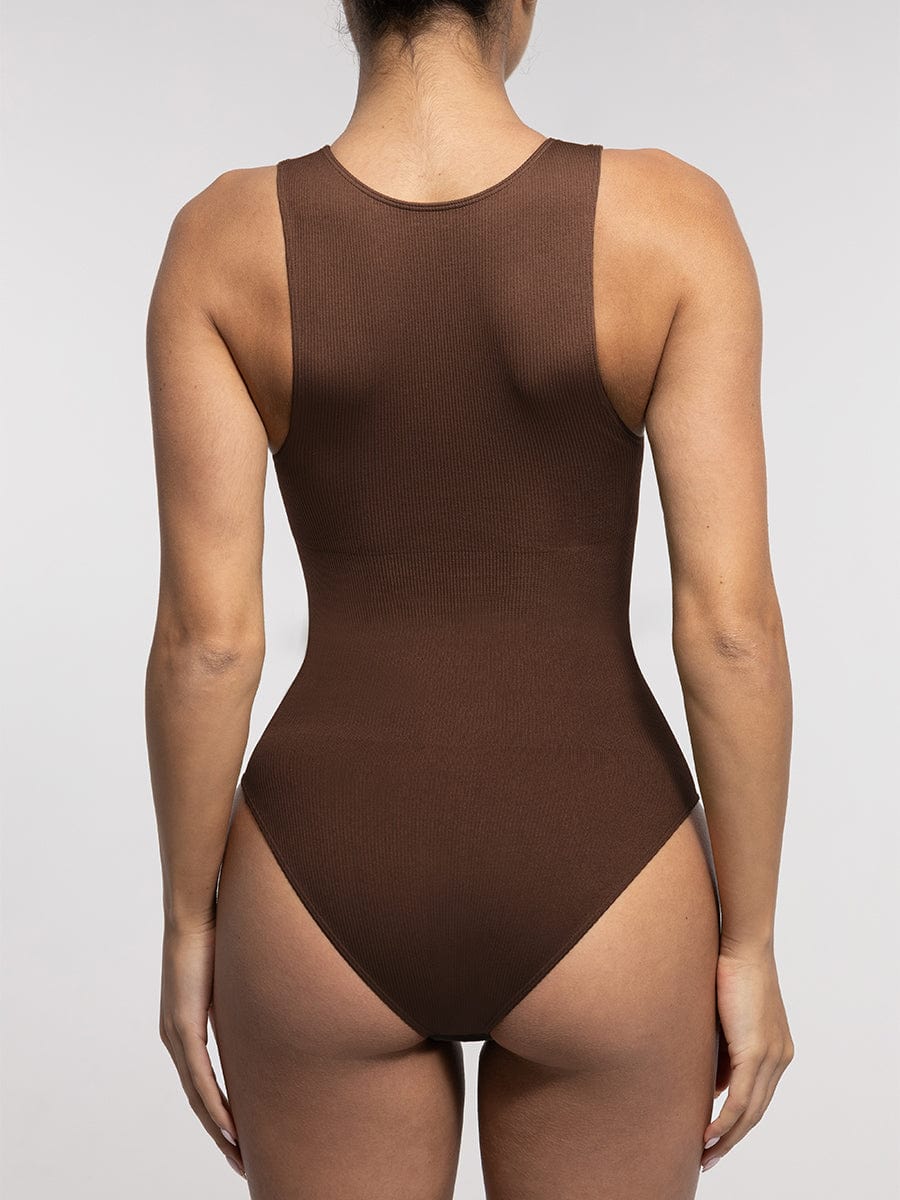 Seamless Ribbed Zip Front Sleeveless Shaping Bodysuit - FirmaActive