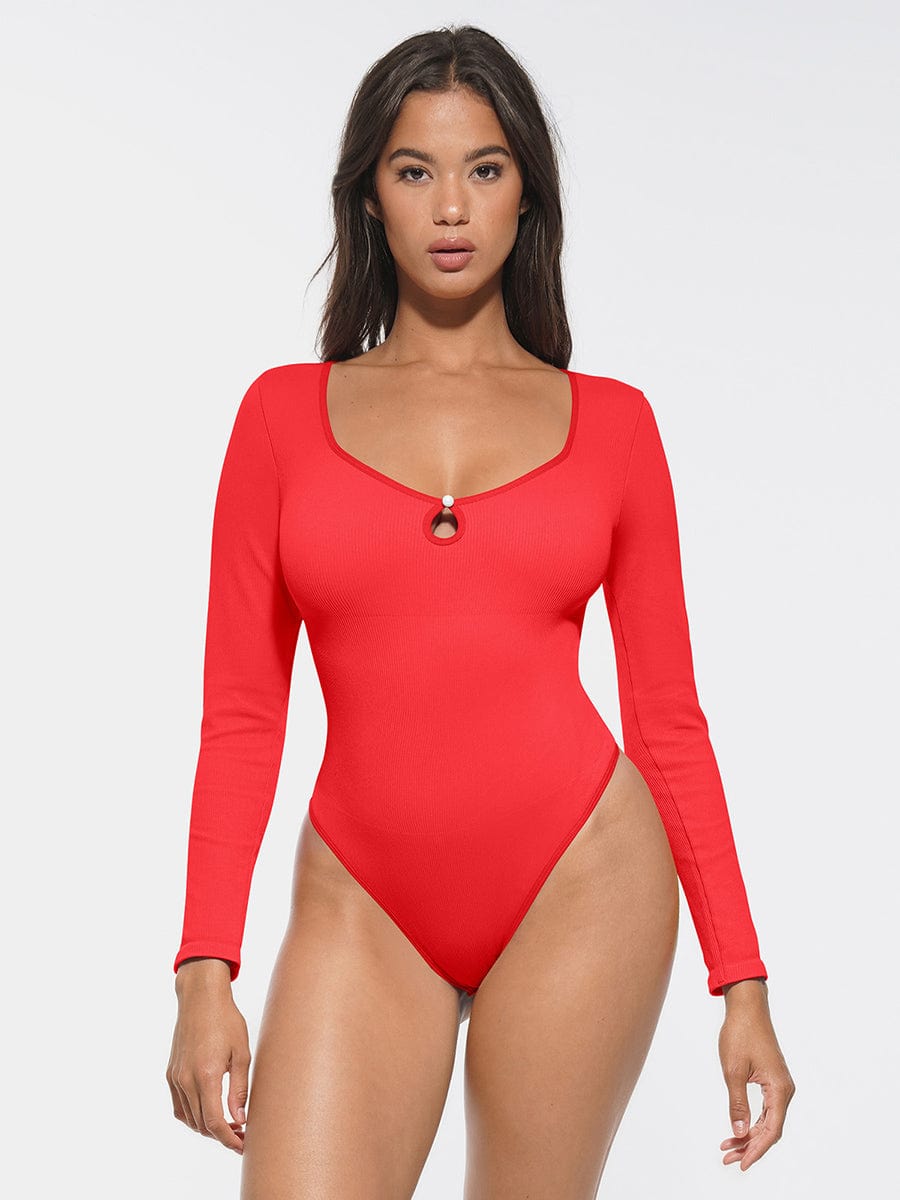 Seamless Ribbed Tummy Control Thong Bodysuit Scoop Neck - FirmaActive