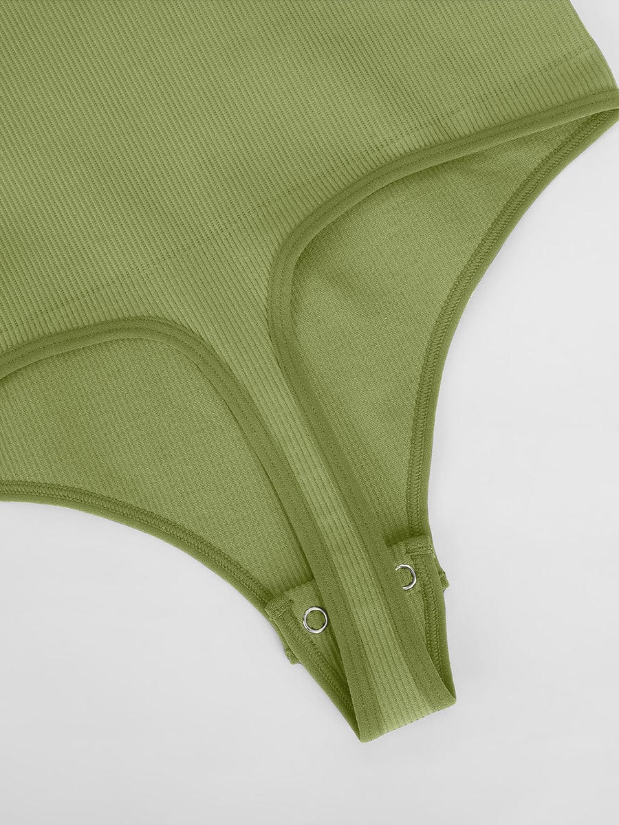 Seamless Ribbed Tummy Control Thong Bodysuit Scoop Neck - FirmaActive