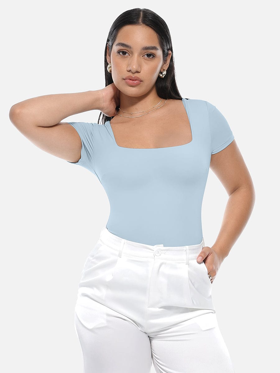 Square-Neck Short-Sleeve Tummy Control Bodysuit - FirmaActive