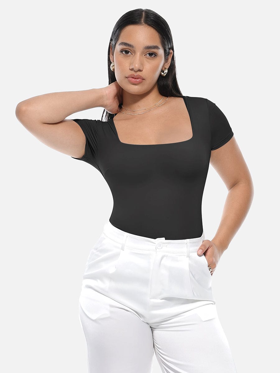 Square-Neck Short-Sleeve Tummy Control Bodysuit - FirmaActive