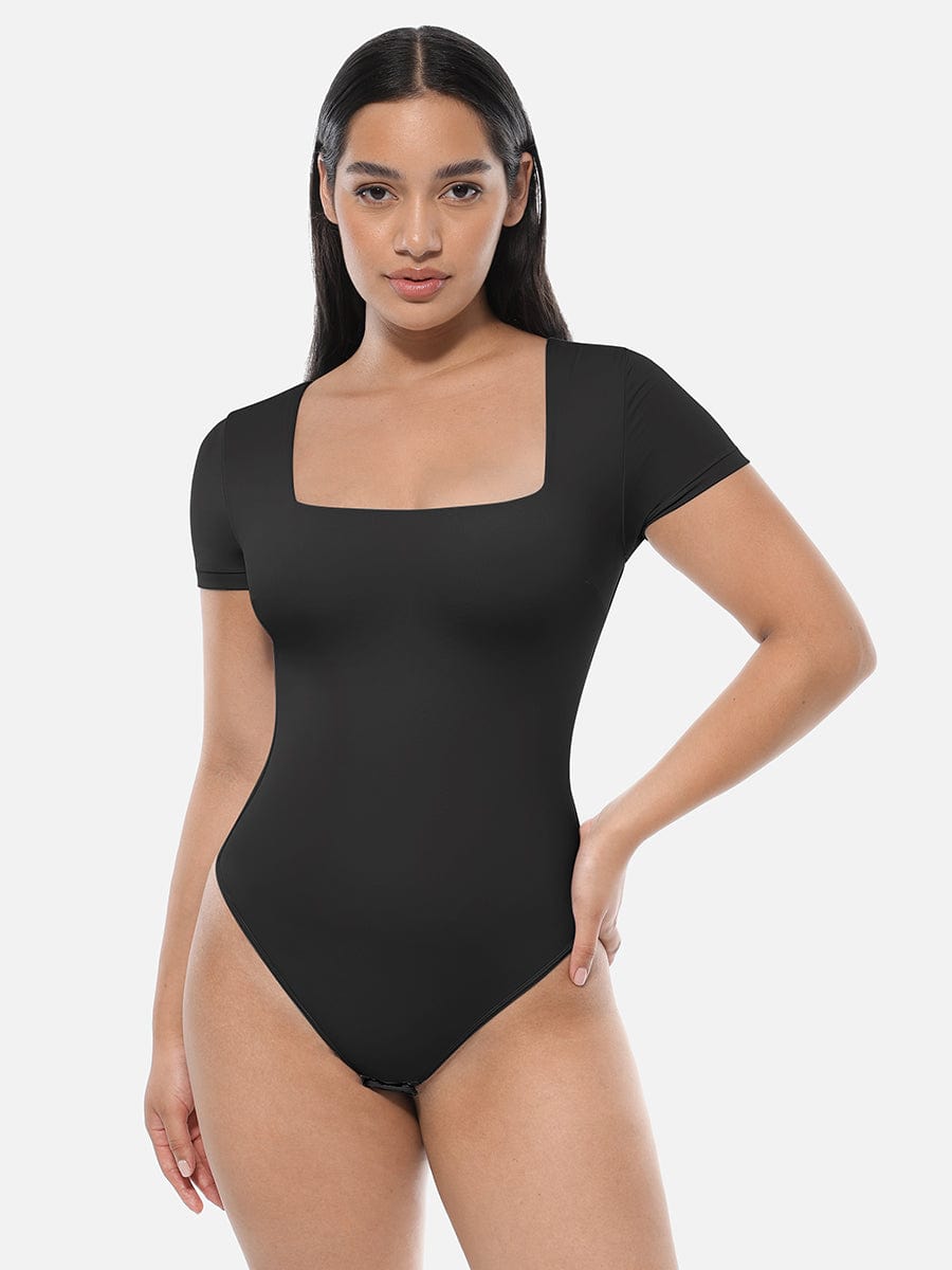 Square-Neck Short-Sleeve Tummy Control Bodysuit - FirmaActive