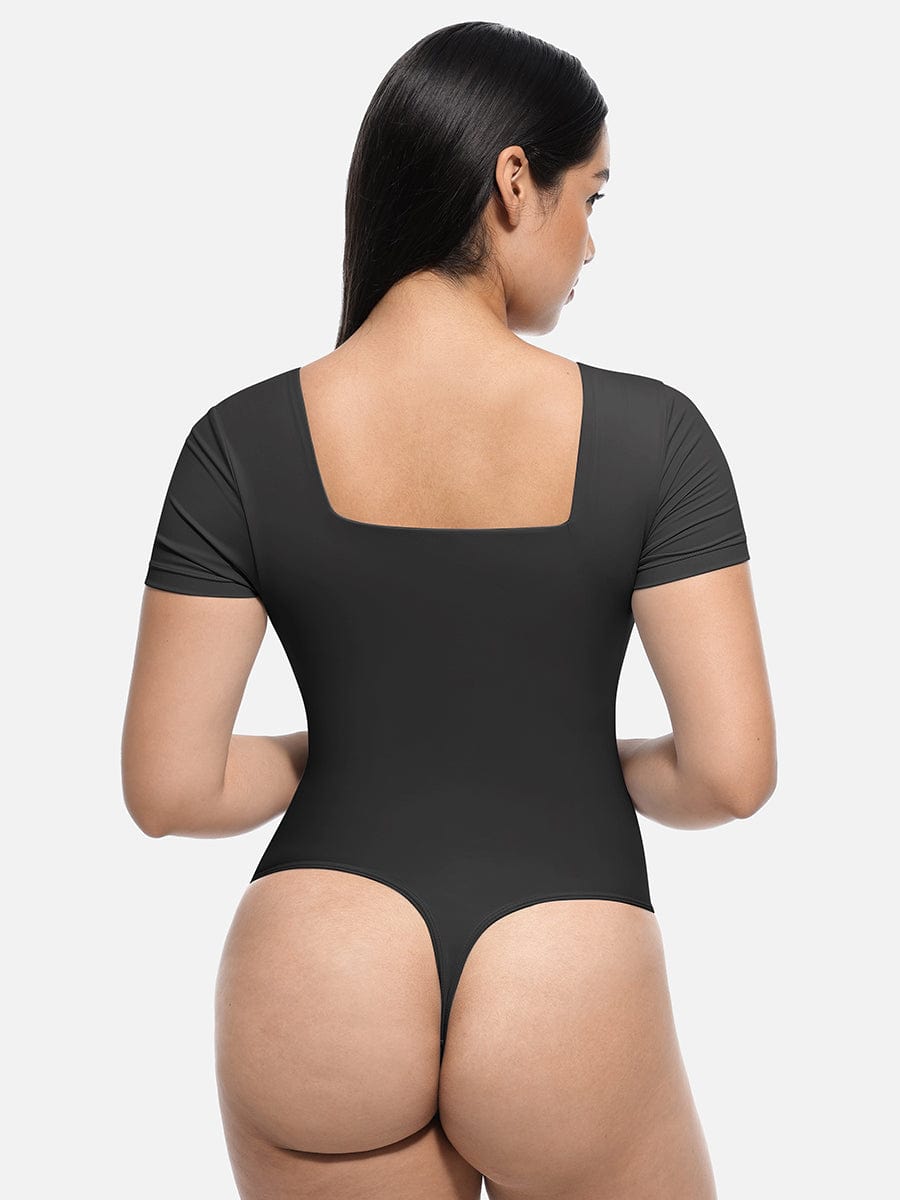 Square-Neck Short-Sleeve Tummy Control Bodysuit - FirmaActive