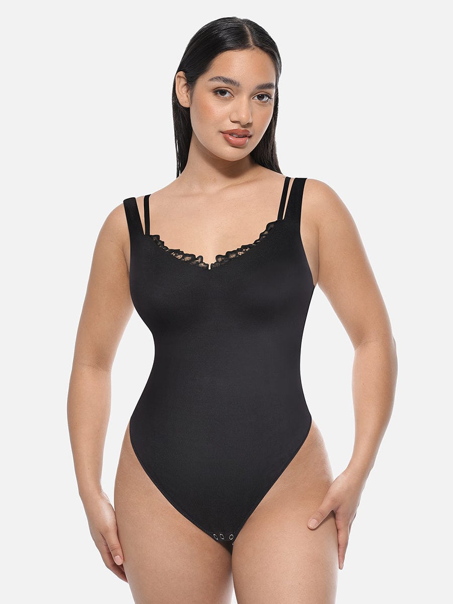 Lace V-Neck Thong Shaping Bodysuit - FirmaLace