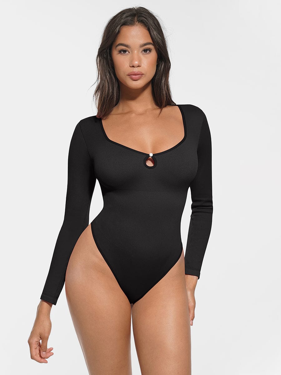 Seamless Ribbed Tummy Control Thong Bodysuit Scoop Neck - FirmaActive