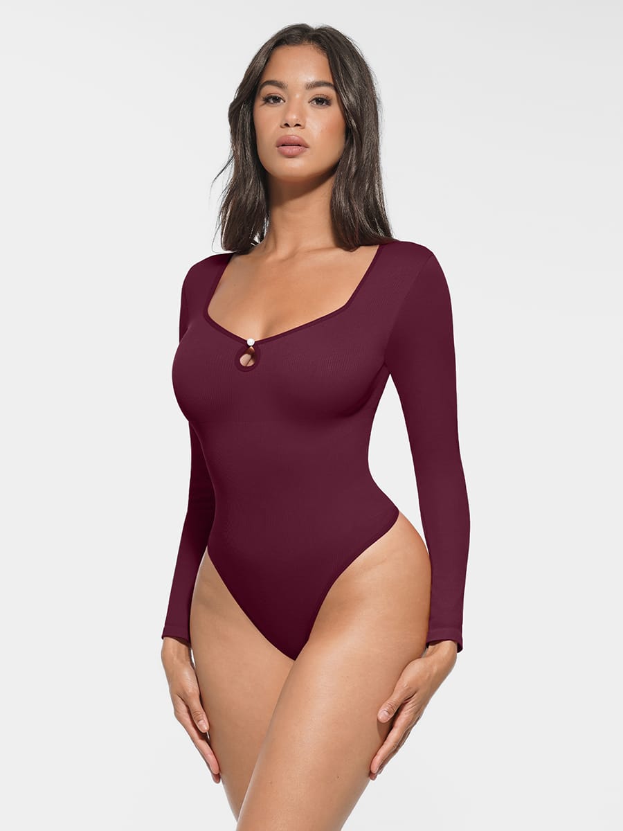 Seamless Ribbed Tummy Control Thong Bodysuit Scoop Neck - FirmaActive