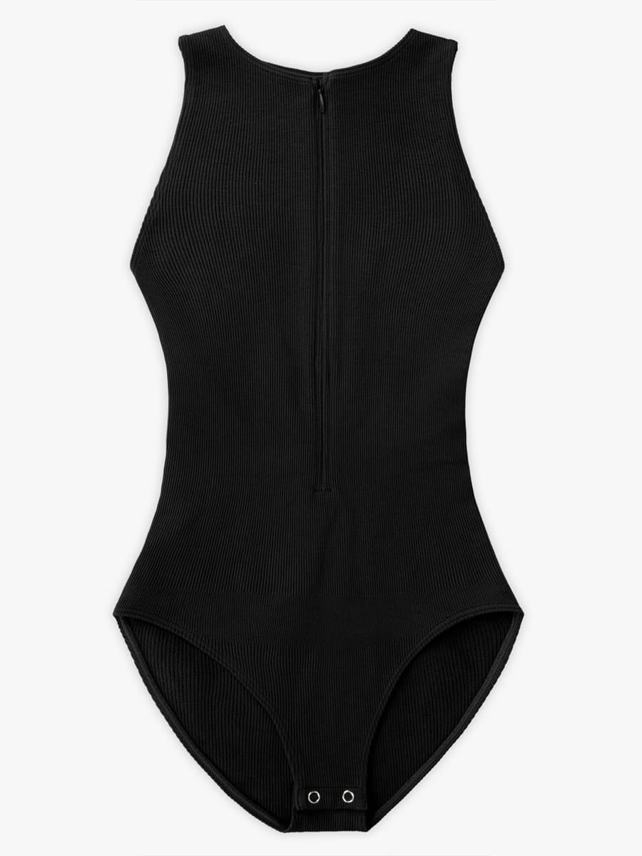 Seamless Ribbed Zip Front Sleeveless Shaping Bodysuit - FirmaActive