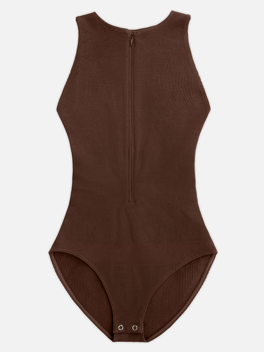 Seamless Ribbed Zip Front Sleeveless Shaping Bodysuit - FirmaActive
