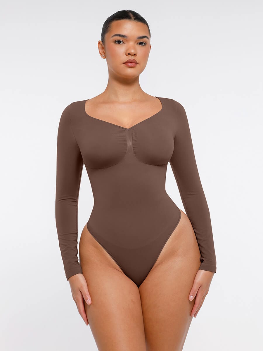 Seamless Long Sleeve Chest Support Tummy Control Thong Bodysuit - FirmaSculpt