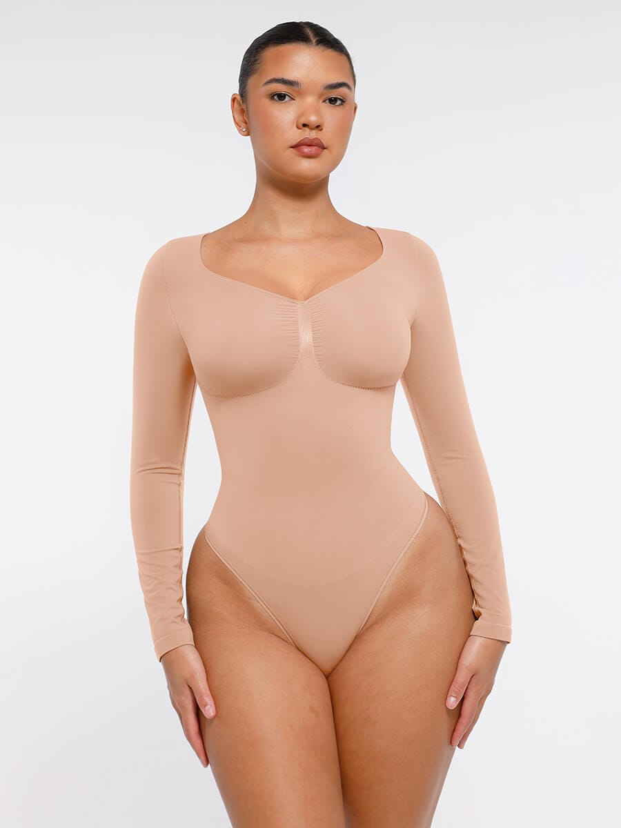 Seamless Long Sleeve Chest Support Tummy Control Thong Bodysuit - FirmaSculpt