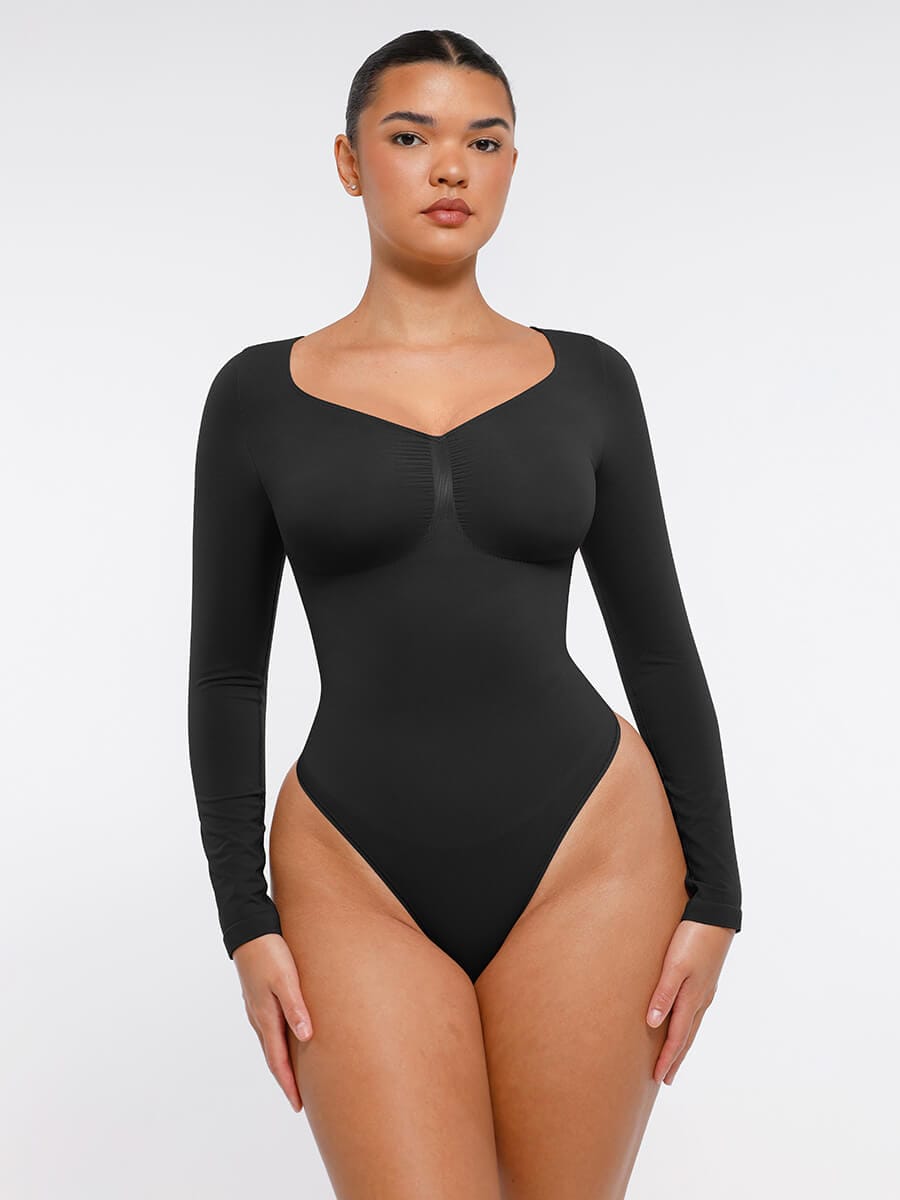 Seamless Long Sleeve Chest Support Tummy Control Thong Bodysuit - FirmaSculpt