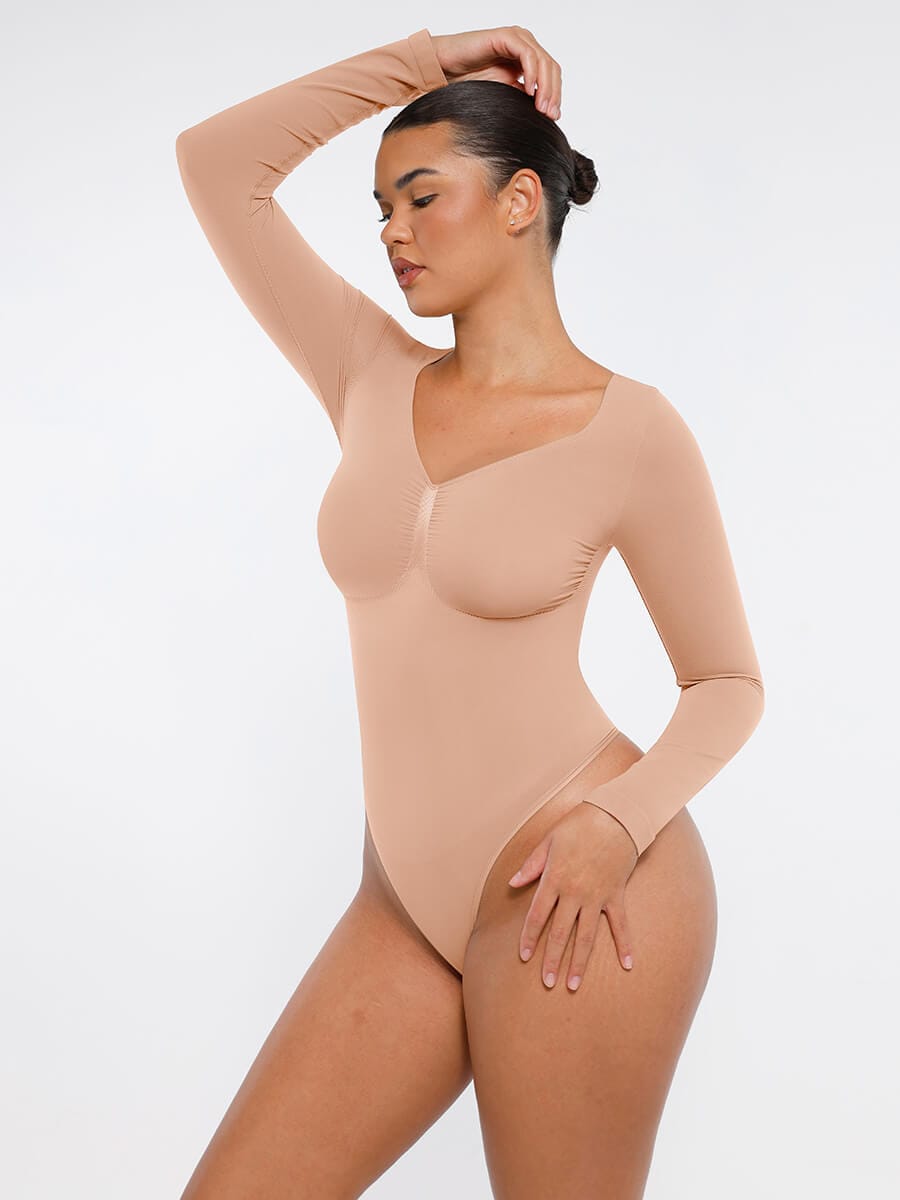 Seamless Long Sleeve Chest Support Tummy Control Thong Bodysuit - FirmaSculpt