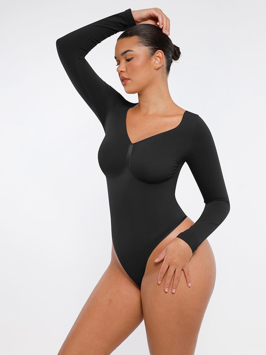 Seamless Long Sleeve Chest Support Tummy Control Thong Bodysuit - FirmaSculpt