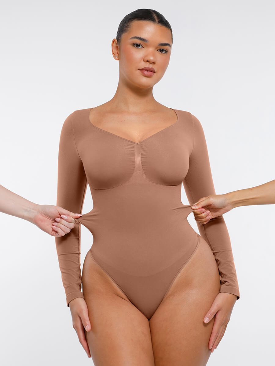 Seamless Long Sleeve Chest Support Tummy Control Thong Bodysuit - FirmaSculpt