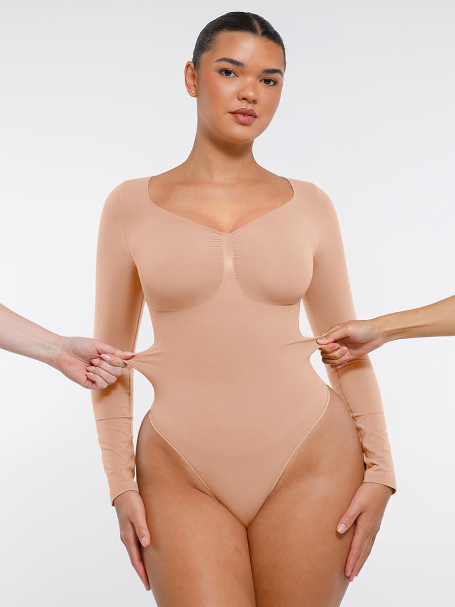 Seamless Long Sleeve Chest Support Tummy Control Thong Bodysuit - FirmaSculpt