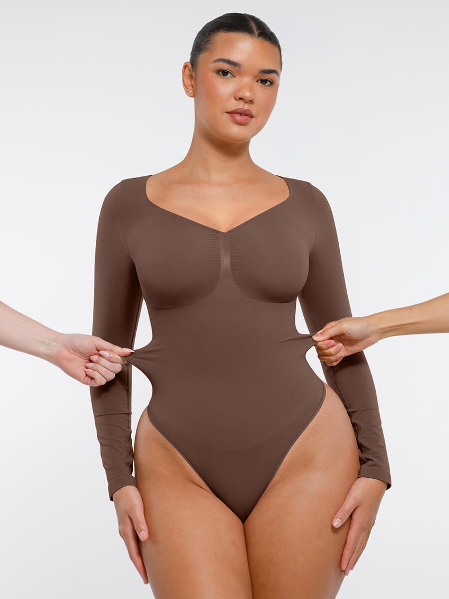 Seamless Long Sleeve Chest Support Tummy Control Thong Bodysuit - FirmaSculpt