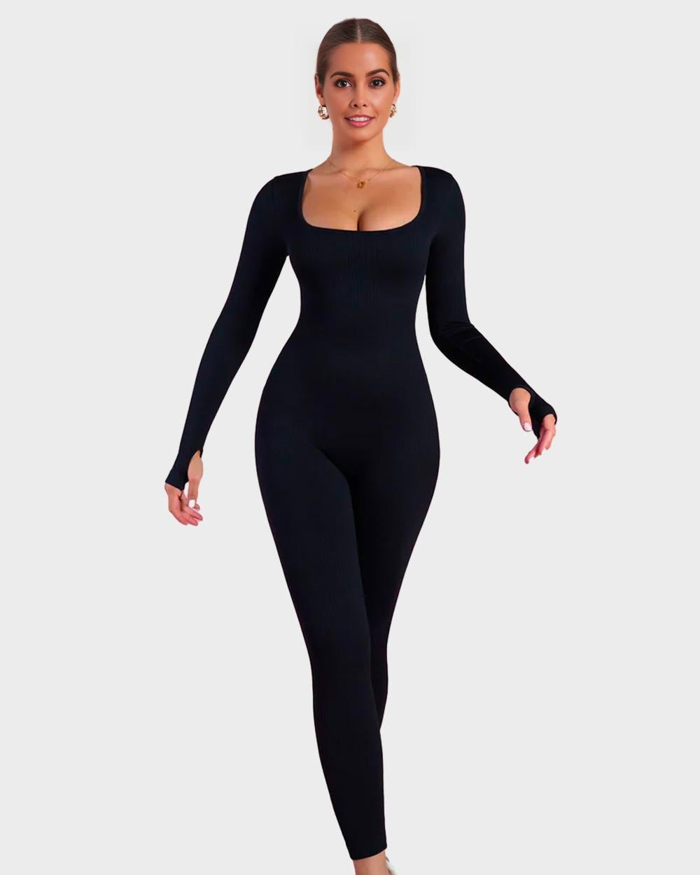 Long Sleeve Square Neck Shaping Jumpsuit - FirmaSculpt
