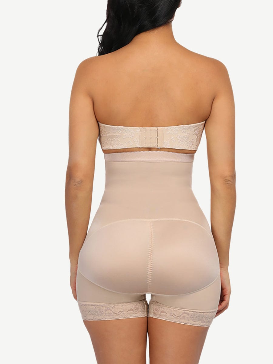 Queen Size High Waist Slimming Shorts with Lace Hem and Row Buckle - FirmaHold