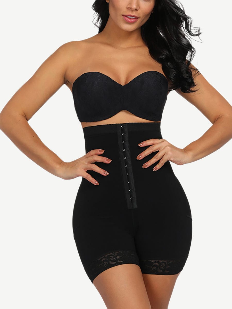 Queen Size High Waist Slimming Shorts with Lace Hem and Row Buckle - FirmaHold