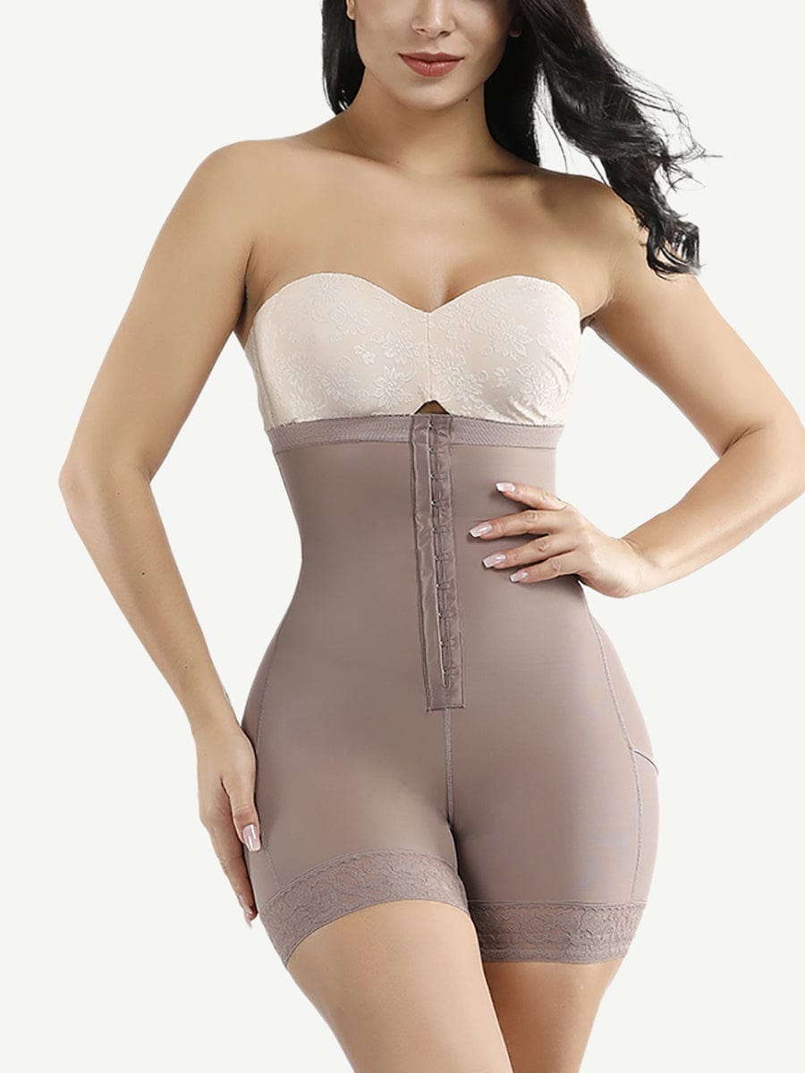 Queen Size High Waist Slimming Shorts with Lace Hem and Row Buckle - FirmaHold