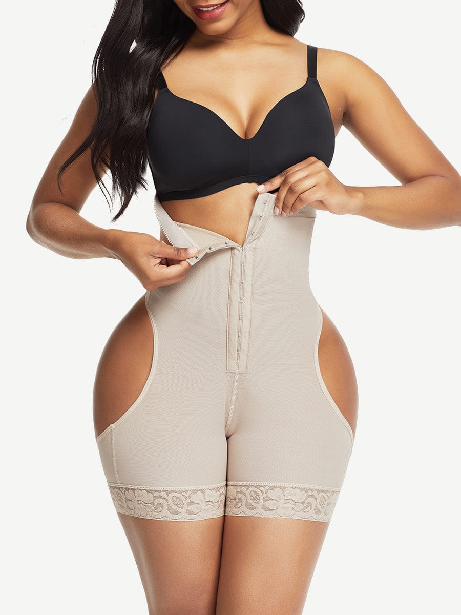 High Waist Open Butt Shapewear Shorts with Front Hooks - FirmaLift
