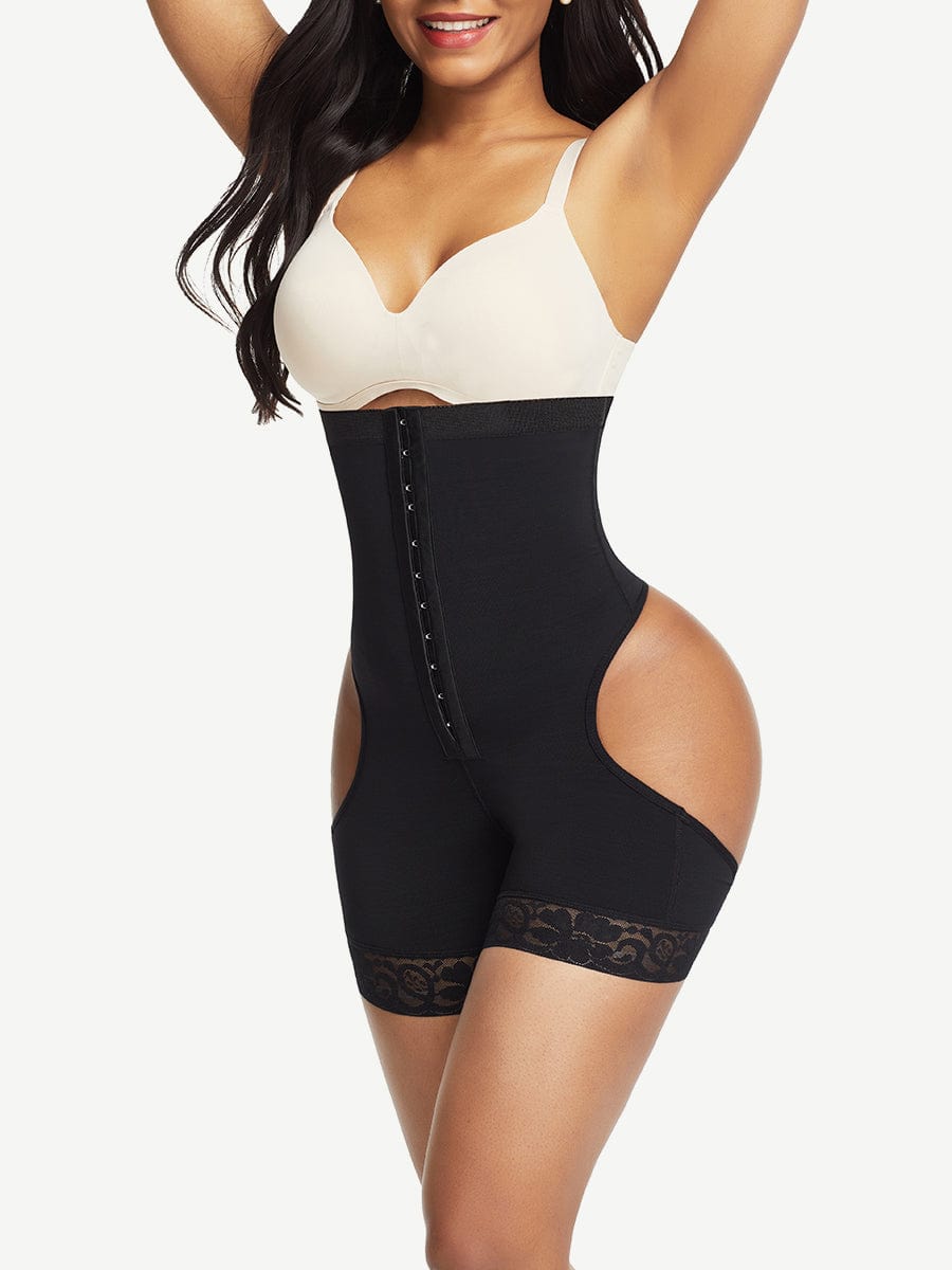 High Waist Open Butt Shapewear Shorts with Front Hooks - FirmaLift