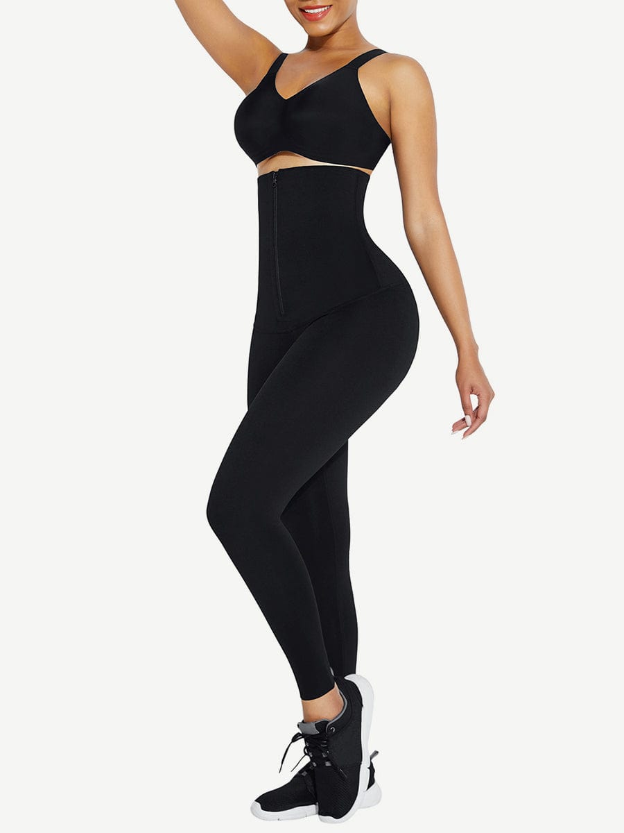 Black Waist Trainer Leggings with Zipper and Hourglass Shaping - FirmaActive