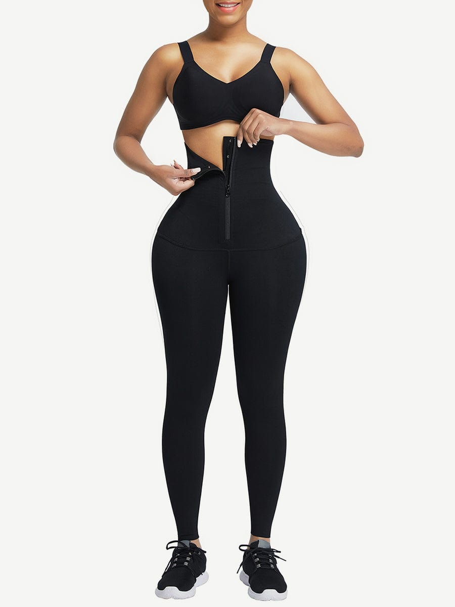 Black Waist Trainer Leggings with Zipper and Hourglass Shaping - FirmaActive