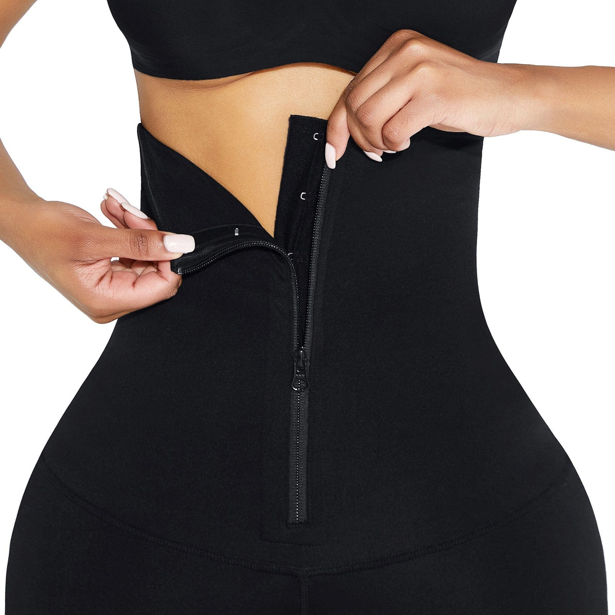 Black Waist Trainer Leggings with Zipper and Hourglass Shaping - FirmaActive