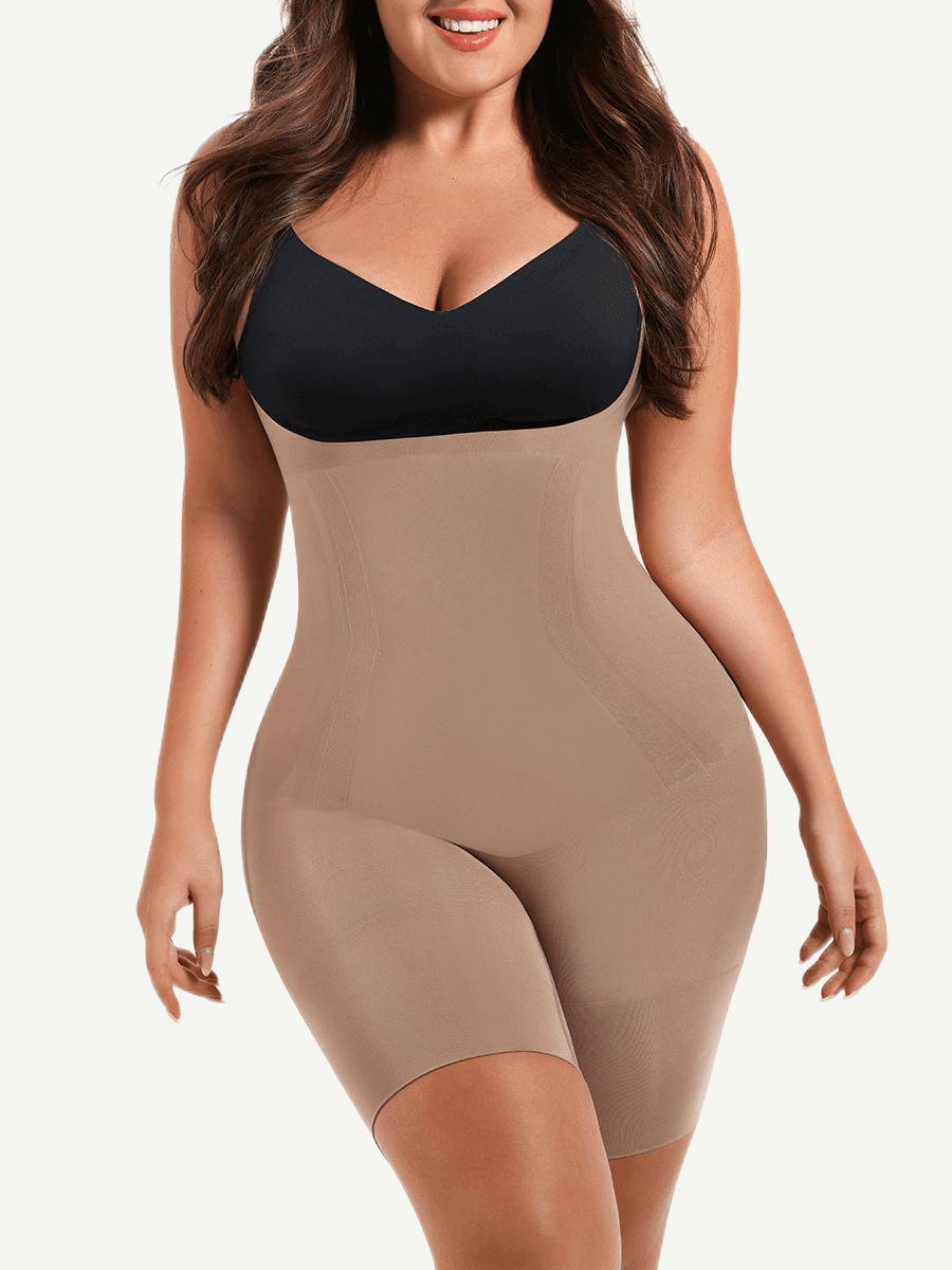 Seamless Open-Bust Abdomen Flattening Mid-Thigh Bodysuit - FirmaSculpt
