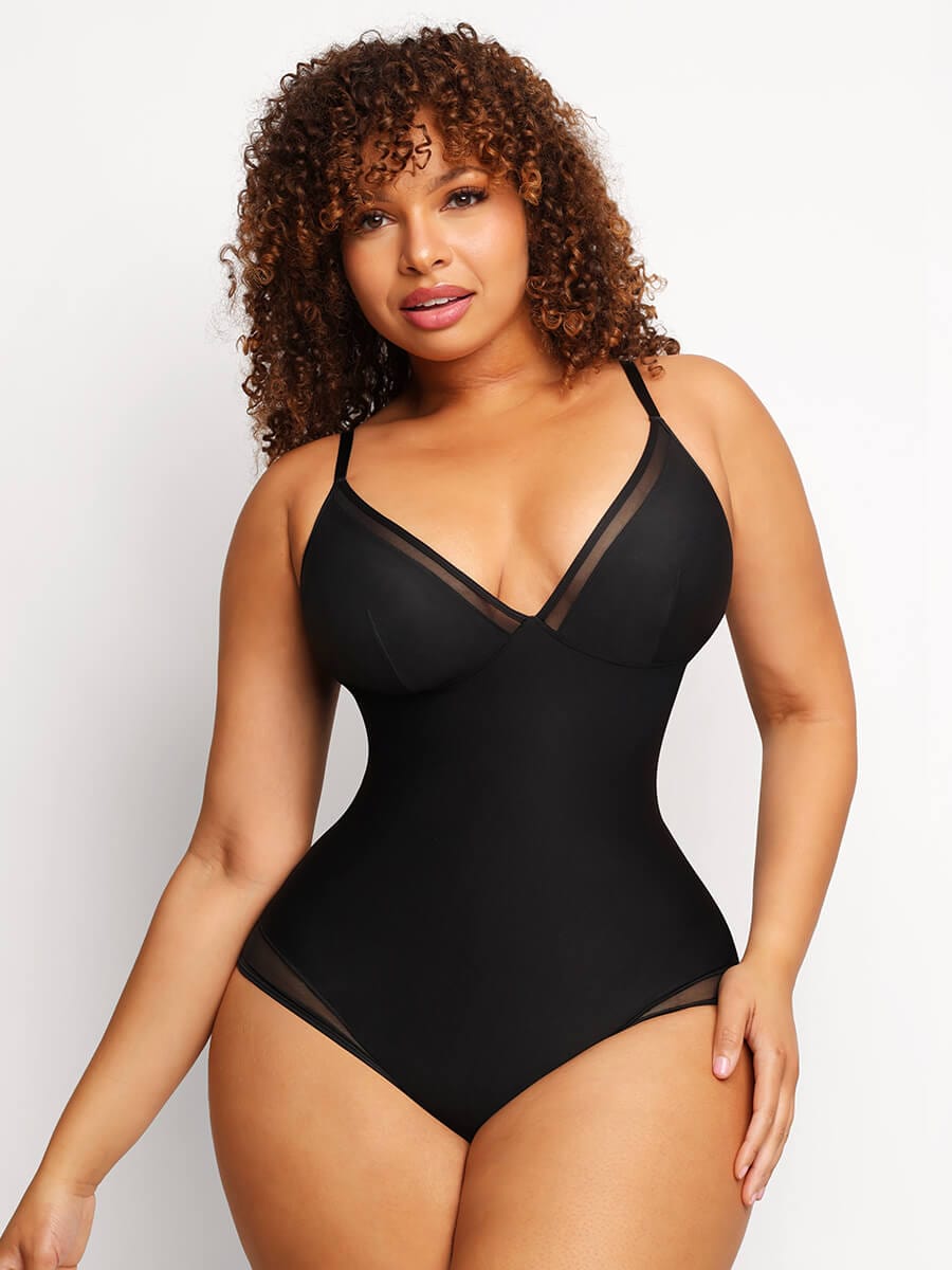 Sexy Deep V-Neck Mesh Bodysuit with Tummy Control - FirmaSculpt