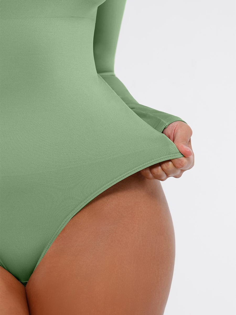 Seamless Eco-friendly Square Neck Long Sleeve 360° Waist Control Thong Bodysuit - FirmaActive