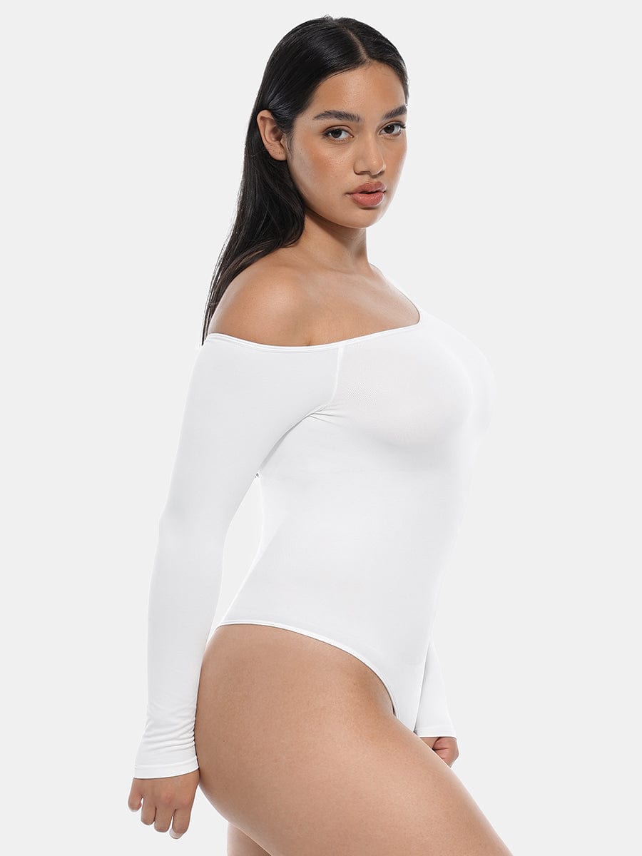 Seamless Diagonal Neck Long Sleeve Waist Trimming Thong Bodysuit - FirmaSculpt