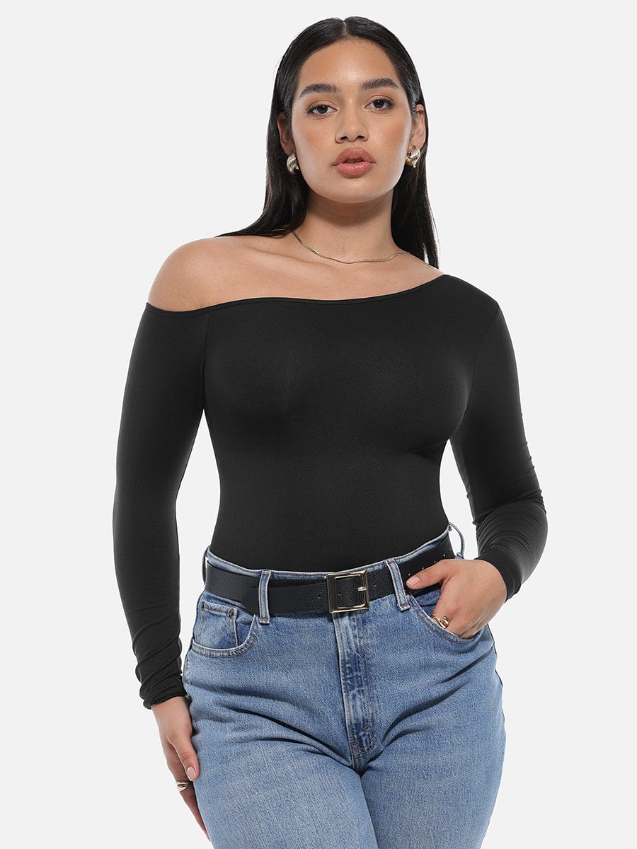Seamless Diagonal Neck Long Sleeve Waist Trimming Thong Bodysuit - FirmaSculpt