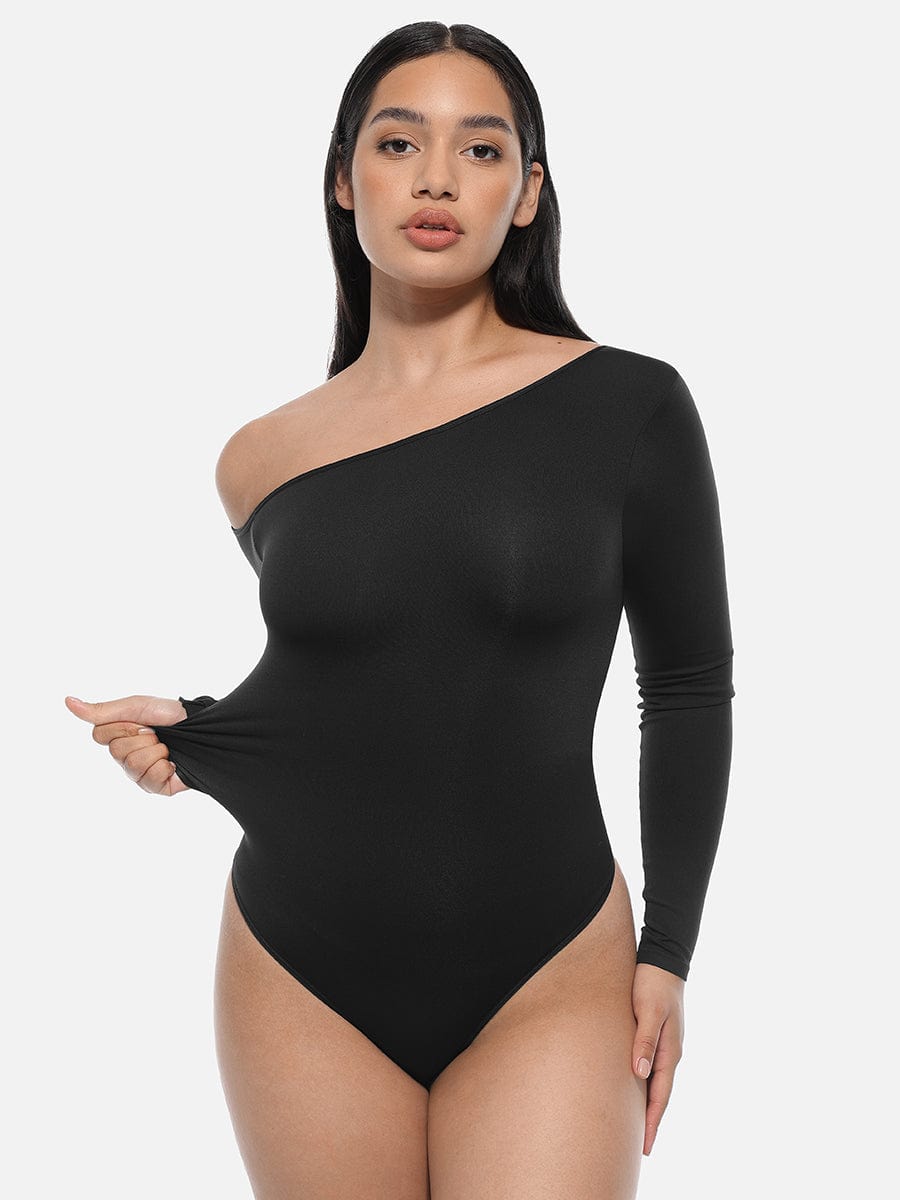 Seamless Diagonal Neck Long Sleeve Waist Trimming Thong Bodysuit - FirmaSculpt