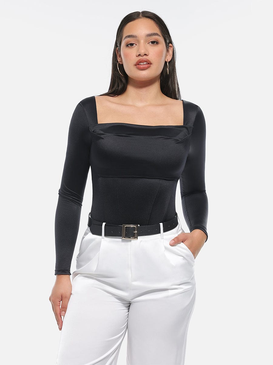 Retro Square Neck Built-In Corset Tummy Control Bodysuit - FirmaSculpt