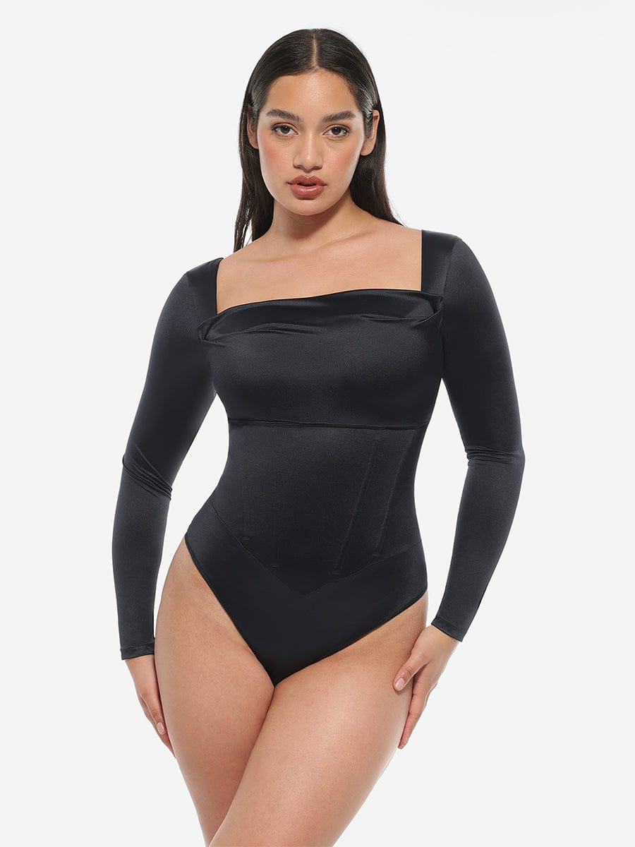 Retro Square Neck Built-In Corset Tummy Control Bodysuit - FirmaSculpt