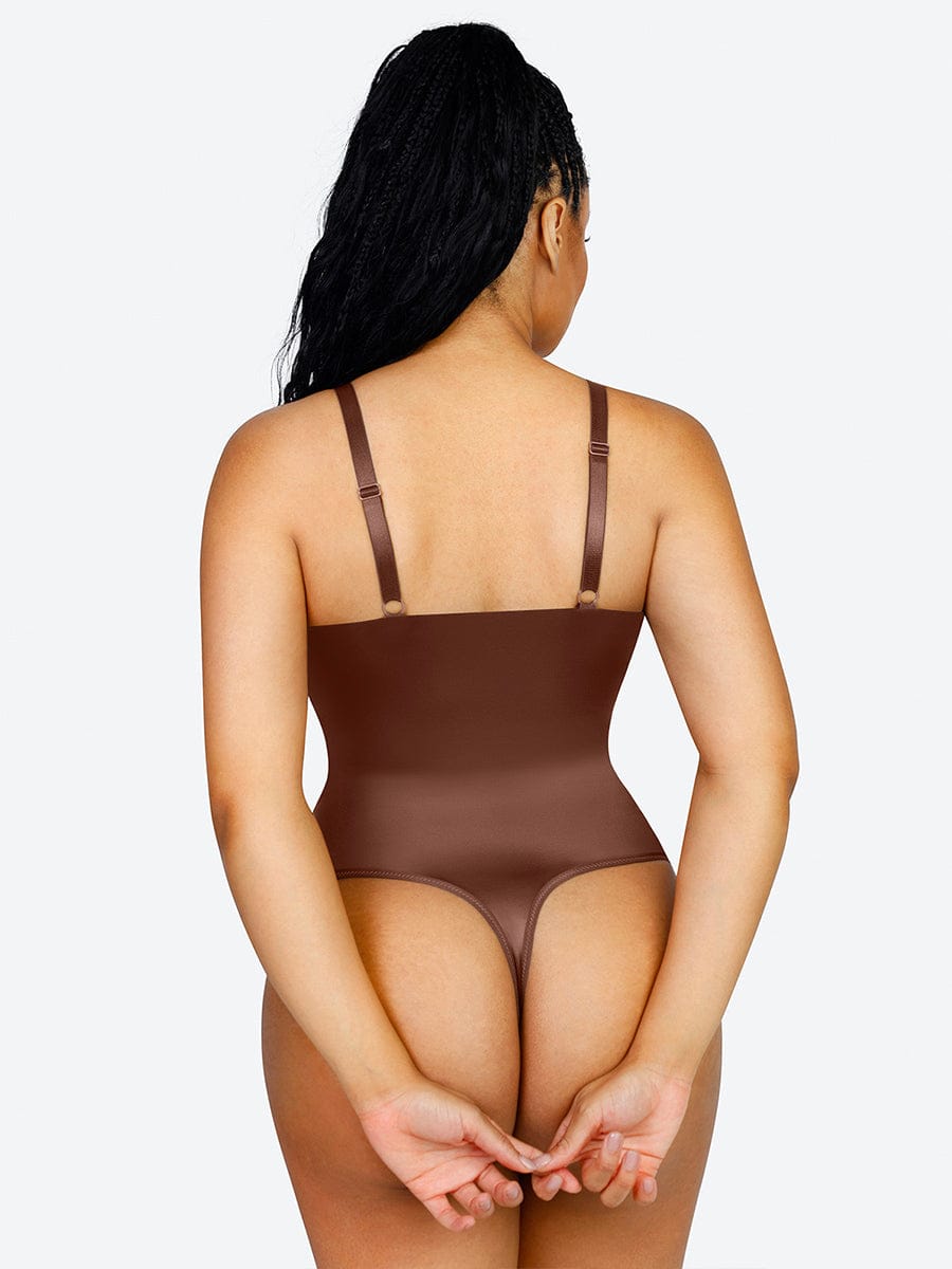 Shaping Satin Built-in Elastic Mesh Fabric Thong Bodysuit - FirmaSculpt