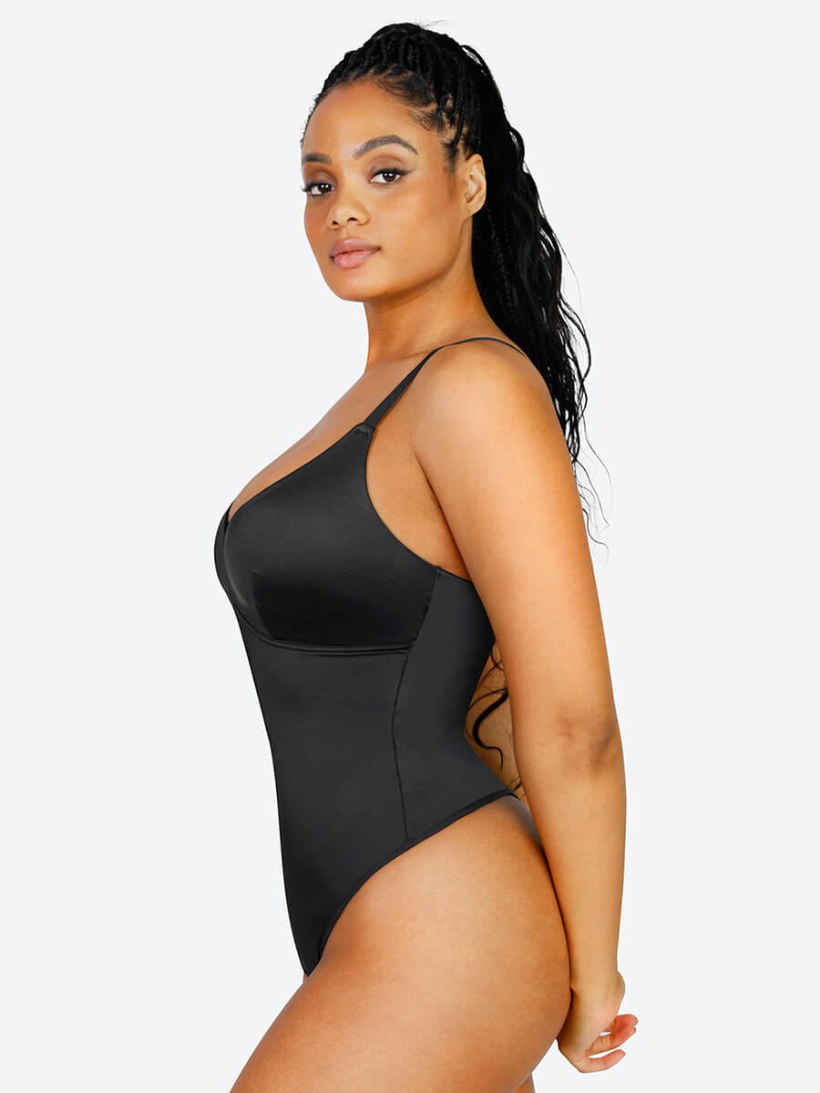 Shaping Satin Built-in Elastic Mesh Fabric Thong Bodysuit - FirmaSculpt