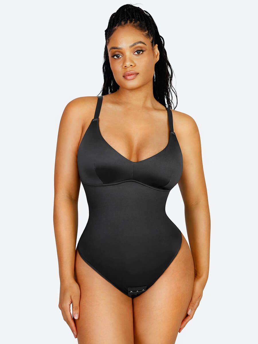 Shaping Satin Built-in Elastic Mesh Fabric Thong Bodysuit - FirmaSculpt