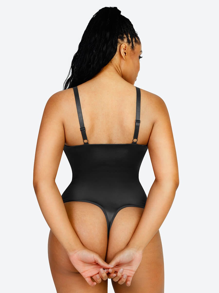 Shaping Satin Built-in Elastic Mesh Fabric Thong Bodysuit - FirmaSculpt
