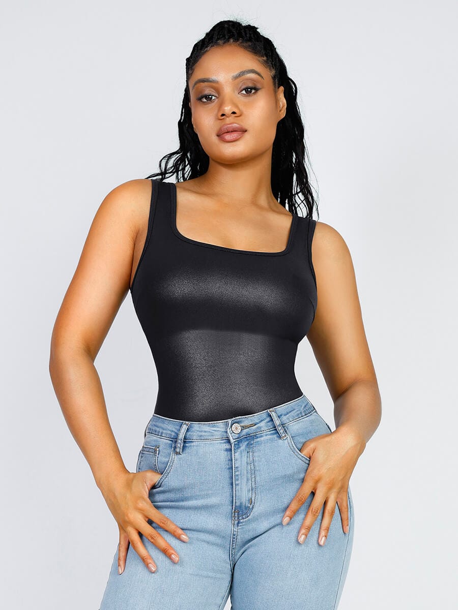 Faux Leather Square Comfy Elastic Tummy Control Bodysuit - FirmaHold
