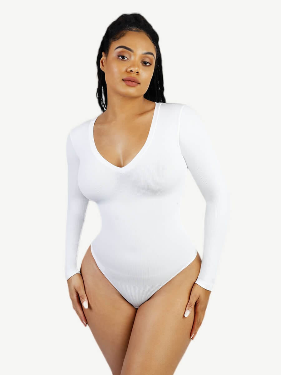 Long-Sleeve V-Neck Tummy Control Seamless Bodysuit - FirmaSculpt