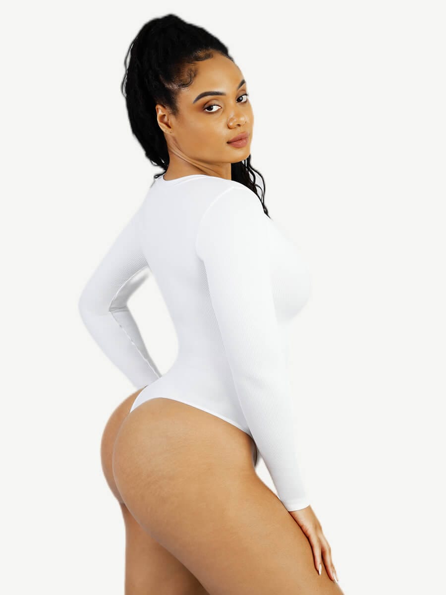 Long-Sleeve V-Neck Tummy Control Seamless Bodysuit - FirmaSculpt