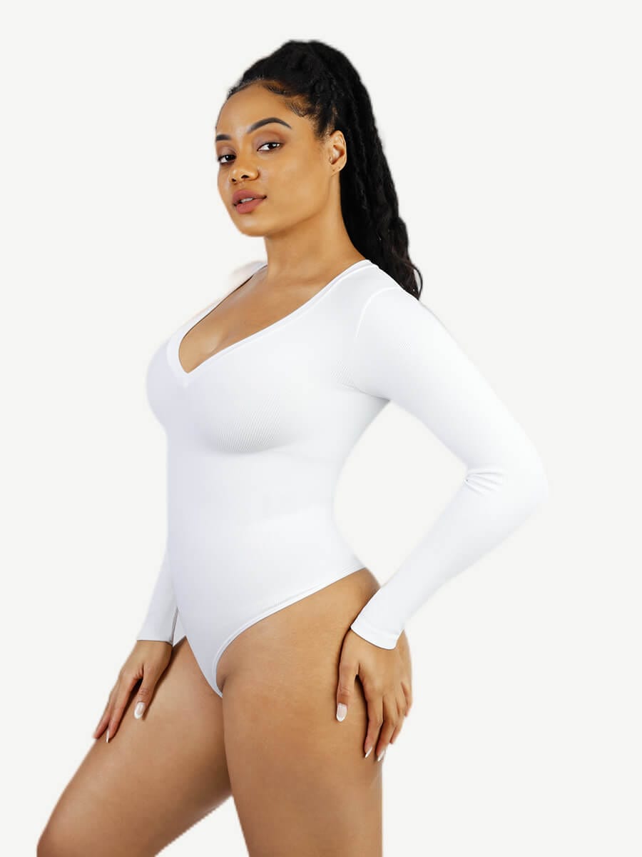 Long-Sleeve V-Neck Tummy Control Seamless Bodysuit - FirmaSculpt