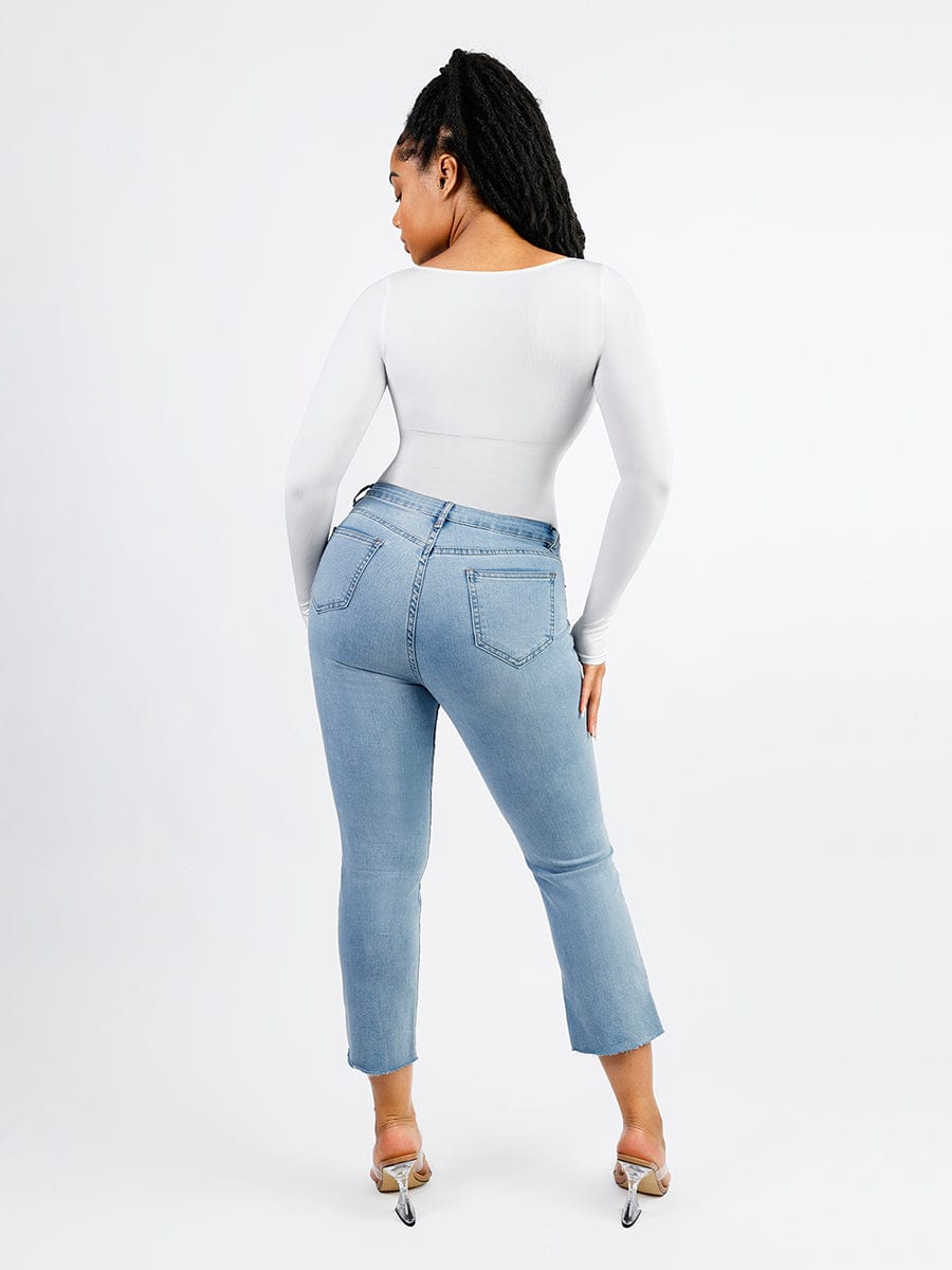 Seamless Eco-friendly Square Neck Long Sleeve 360° Waist Control Thong Bodysuit - FirmaActive